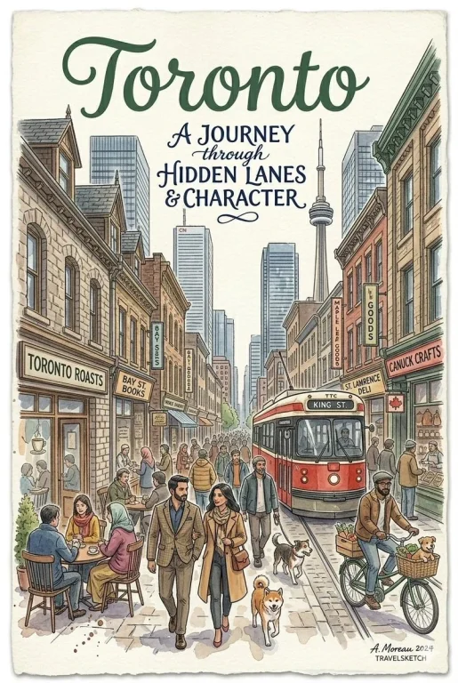 A watercolor travel poster blends Murree charm with Toronto skyline