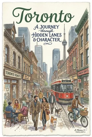 A watercolor travel poster blends Murree charm with Toronto skyline — Nano Banana 2 AI Prompt: An AI-generated watercolor travel poster in a detailed sketch style by "A. Morea...