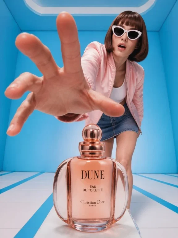 A large hand reaches toward a peach perfume bottle in retro-futuristic studio