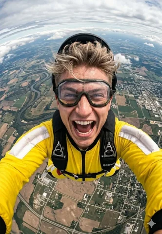 A skydiver in a red suit freefalls above a winding river. — Nano Banana 2 AI Prompt: A young American white man with sharp jawline and defined facial features, weari...