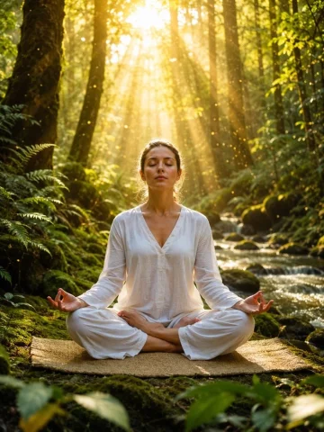 Morning Serenity in Nature's Embrace — Nano Banana 2 AI Prompt: A serene woman in her early 30s with fair skin and light brown hair pulled back...