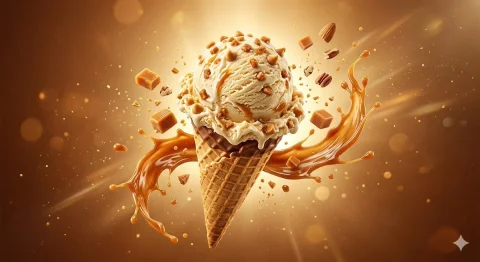 Indulgent Butterscotch Bliss: A Gourmet Ice Cream Experience — Nano Banana 2 AI Prompt: - A hyper-realistic premium butterscotch ice cream advertisement featuring a sin...