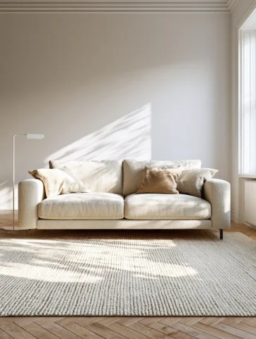 Premium Furniture Photography — Midjourney v6 AI Prompt: Premium furniture catalog photography, a single cream bouclé sofa centered in fr...