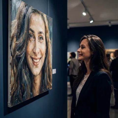 Create A Cinematic Scene In A Modern Art Gallery Using The Upload — Nano Banana 2 AI Prompt: Create a cinematic scene in a modern art gallery using the uploaded image - keep...
