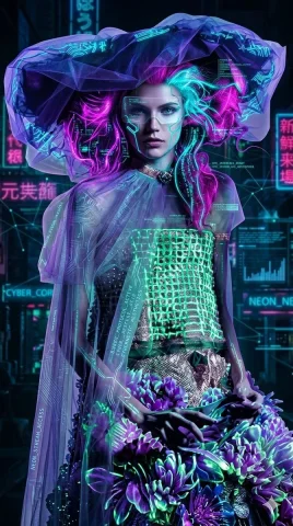 Floral Futurism: The Neon Elegance of Tomorrow — Nano Banana 2 AI Prompt: A high-fashion cyberpunk portrait featuring a woman in an avant-garde ensemble o...