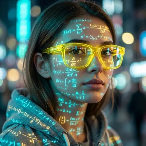 A Futuristic Portrait Of A Young Woman Wearing Bright Translucent — Nano Banana 2 AI Prompt: A futuristic portrait of a young woman wearing bright translucent yellow glasses...