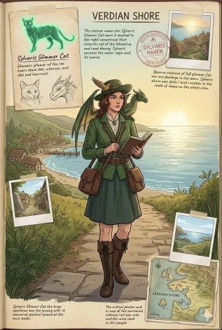 Chronicles of a Coastal Adventurer — Nano Banana 2 AI Prompt: The image is a detailed fantasy field journal page centered on a full-body portr...