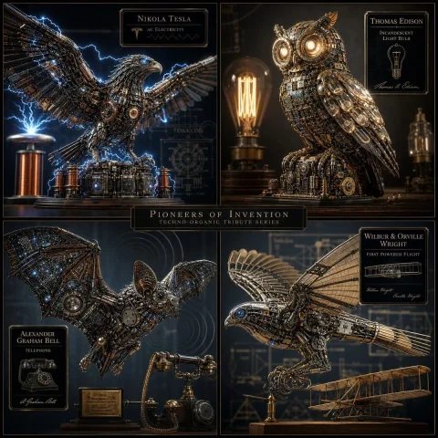Inventive Fauna: Where Creativity Meets Technology — Nano Banana 2 AI Prompt: 2x2 grid, do this for 4 famous inventors { Anchor: [$famous scientists main inve...
