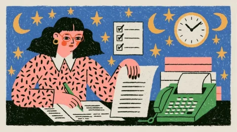 Office Scene Illustration — Nano Banana 2 AI Prompt: A person at a desk reviewing papers and a simple checklist, with a clock on the...