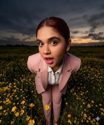Elegance in Bloom: A Dusk Encounter — Nano Banana 2 AI Prompt: Ultra-realistic 8K photorealistic cinematic editorial image, 4:5 vertical. A b...