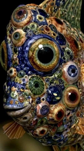 Close-Up of Fish — Midjourney v6 AI Prompt: medium shot, one fish created from big convex fish eyes, all eyes are big and pr...
