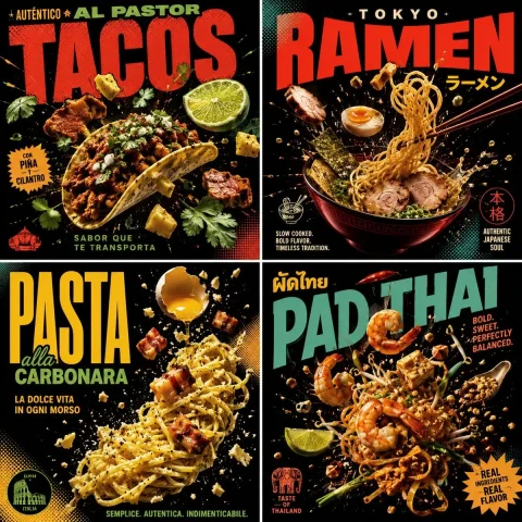 Cultural Feast: A Pop Art Celebration of Global Cuisine — Nano Banana 2 AI Prompt: 2x2 grid, do this for 4 international dishes: class PopArtOmakase_Poster: d...