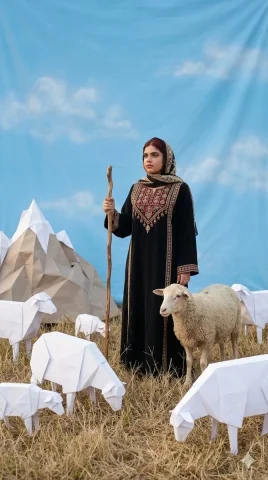 Harmony in the Land of Paper Dreams — Nano Banana 2 AI Prompt: A beautiful young Middle Eastern shepherd woman in her mid-20s wearing a traditi...