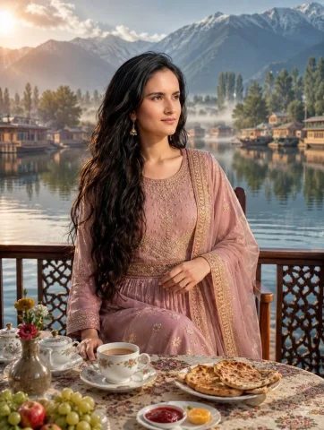 Serenity at Dawn: A Kashmiri Breakfast Experience — Nano Banana 2 AI Prompt: { "subject": { "person": "woman from 1000086260.png", "actio...