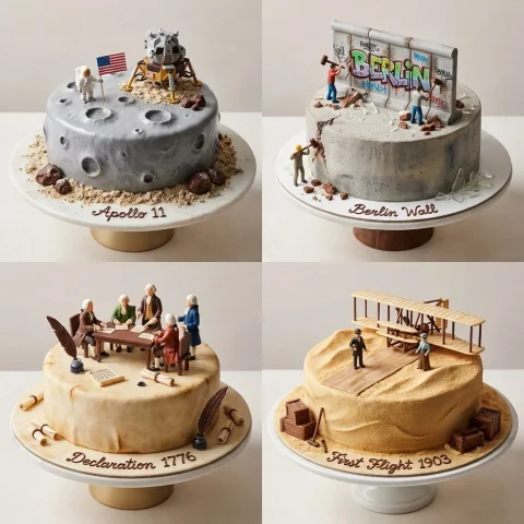 Epic Moments in Cake Form — Nano Banana 2 AI Prompt: 2x2 grid, 1:1 do this for famous historic days in human history Diorama-Cakeific...
