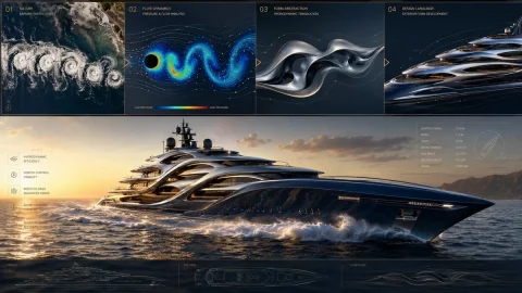 Futuristic Superyacht Design: A Journey of Innovation — Nano Banana 2 AI Prompt: Aerodynamic hydrodynamics, Kármán vortex street cloud formations shaping a luxur...