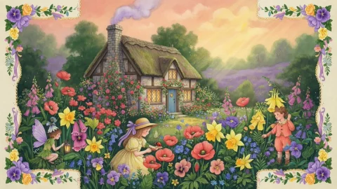 Whimsical Spring Haven: A Fairytale Cottage — Nano Banana 2 AI Prompt: A cozy rustic cottage surrounded by a vibrant explosion of spring flowers, Golde...