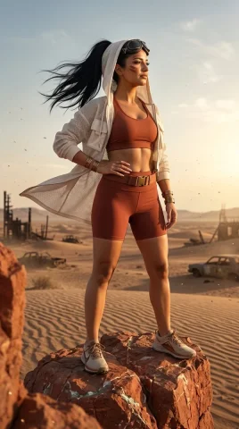 Wasteland Warrior: A Commanding Presence in the Desert — Nano Banana 2 AI Prompt: { "project": "Nike Pro Wasteland - Frame 03 VALKYRIE", "aspect_ratio": "...