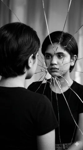 Fragmented Reflections: The Art of Self-Perception — Nano Banana 2 AI Prompt: A black-and-white, hyper-realistic portrait: a woman seen from behind, looking i...