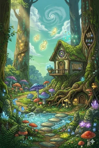 Enchanted Haven: A Whimsical Cottage in the Forest — Nano Banana 2 AI Prompt: A magical, vertical illustration of a whimsical forest where ancient, rune-carve...