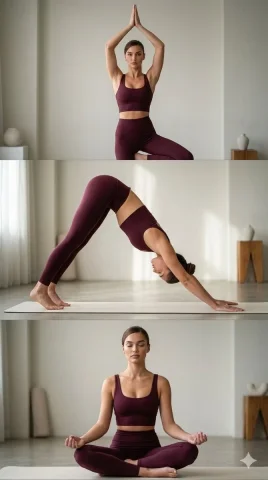 Balance and Serenity: A Yoga Journey — Nano Banana 2 AI Prompt: A cinematic three-panel vertical collage featuring a fit young woman performing...