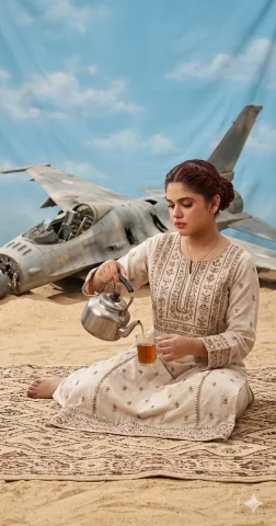 Tea Among Ruins: A Surreal Desert Encounter — Nano Banana 2 AI Prompt: A surrealist studio portrait photograph in a cultural identity tribute style. A...