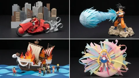 Crafting Iconic Manga Moments in Paper — Nano Banana 2 AI Prompt: 2x2 grid, do this for 4 famous manga scenes: [scene_material_translation_engine]...