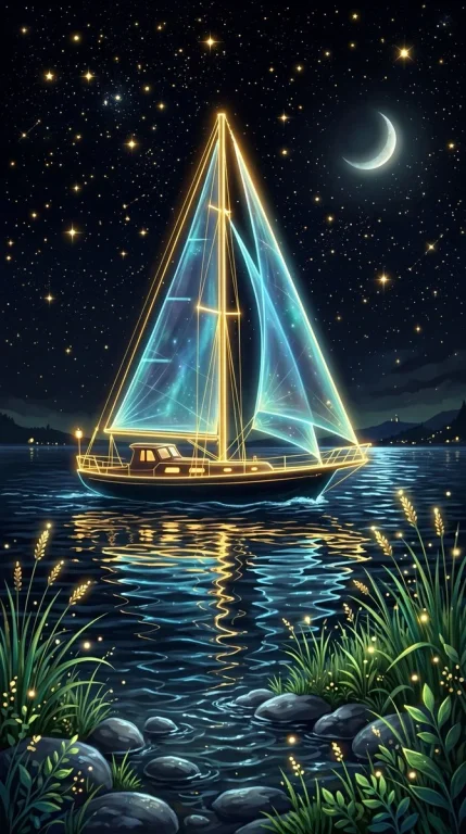 Luminous Journey: The Glowing Sailboat at Night