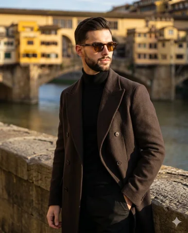 Timeless Elegance: A Modern Man in Florence — Nano Banana 2 AI Prompt: A male in his mid-30s stands center-left in a confident, medium waist-up pose, h...
