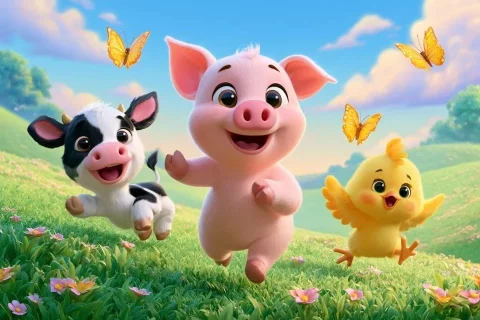 Farm Animals Rolling — Nano Banana 2 AI Prompt: A 3D animated piglet, calf and chickling with an excited look on their face whil...