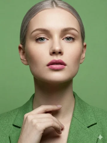 Serenity in Green: A Modern Portrait — Nano Banana 2 AI Prompt: A high-resolution, close-up portrait of a woman with sleek, silver-toned hair pa...