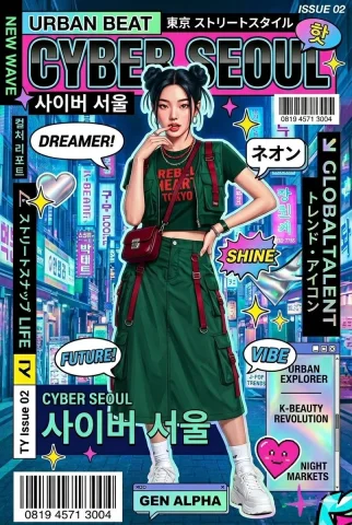 Cyber Seoul: The Pulse of Futuristic Fashion — Nano Banana 2 AI Prompt: A vibrant and high-energy magazine cover titled "CYBER SEOUL" in a bold, metalli...