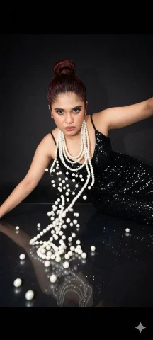 Pearls in Motion: A Fashion Catastrophe — Nano Banana 2 AI Prompt: glossy fashion shoot, dark seamless background, harsh flash, frozen motion, SUPE...