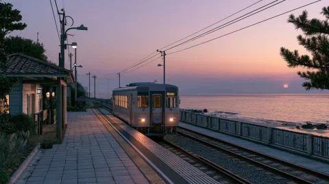Rural Japanese Train Station — Nano Banana 2 AI Prompt: rural Japanese train station at dusk, local single-car train arriving, seaside v...