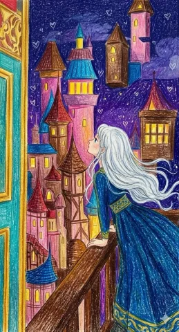 Glimmering Dreams: A Fairytale Vista — Nano Banana 2 AI Prompt: A short colored pencil drawing paragraph: A silver-haired woman in an ornate tea...