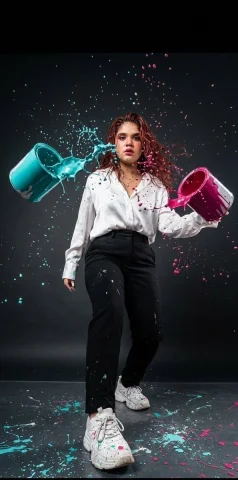 Chaos Captured: The Beauty of Artistic Expression — Nano Banana 2 AI Prompt: fashion magazine shoot, studio action shot, dark seamless background (charcoal g...
