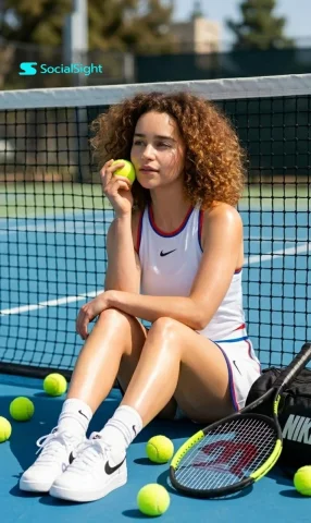 Serenity on the Court — Nano Banana 2 AI Prompt: Ultra realistic lifestyle sports portrait of a beautiful curly haired girl sitti...