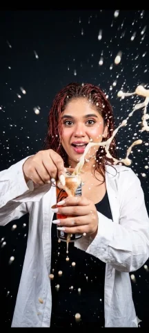 The Soda Surge: A Burst of Chaos — Nano Banana 2 AI Prompt: bright advertising action shot, dark seamless background, harsh flash, high-spee...