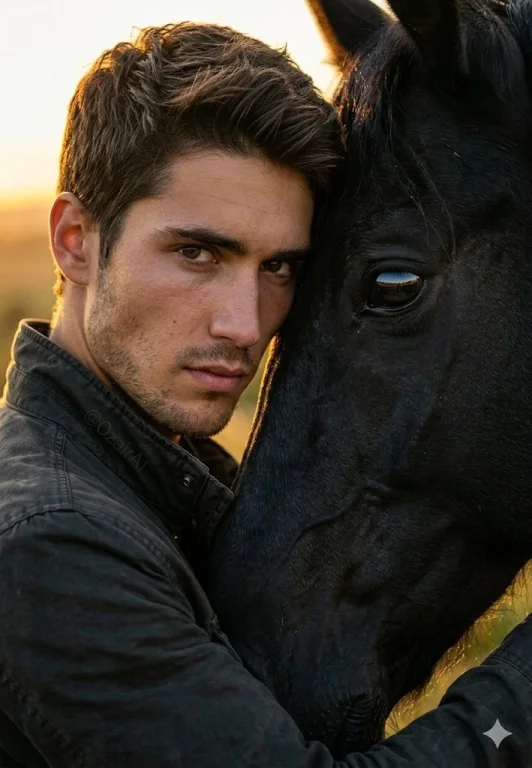 Intimate Bond: Man and Horse in Golden Hour