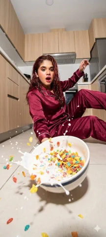 Breakfast Chaos: A Morning Mishap — Nano Banana 2 AI Prompt: action magazine photo, modern kitchen, harsh flash, frozen motion, high contrast...