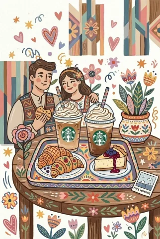 Whimsical Cafe Love: A Vibrant Folk Art Date Night — Nano Banana 2 AI Prompt: A whimsical, folk-art-inspired illustration of a cozy cafe date featuring a youn...