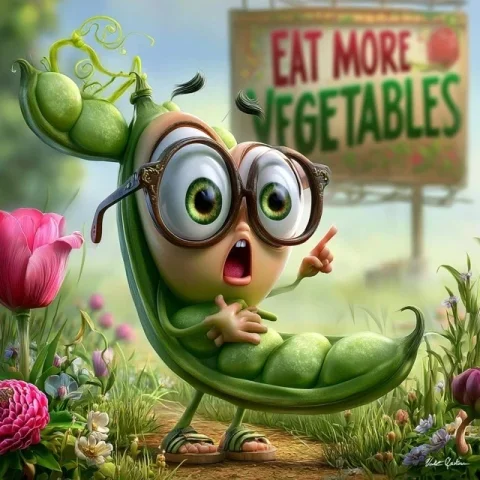Adorable Green Bean — Nano Banana 2 AI Prompt: 3D Pixar-Seuss style, adorable anthropomorphic green bean with huge expressive e...