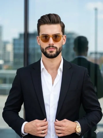 The Ambitious Icon: A Portrait of Confidence — Nano Banana 2 AI Prompt: A stylishly dressed, bearded man stands perfectly centered, facing straight into...