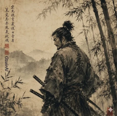 The Silent Guardian: A Samurai in Bamboo Mist — Nano Banana 2 AI Prompt: A cinematic, high-resolution sumi-e ink wash painting of a rugged samurai with a...