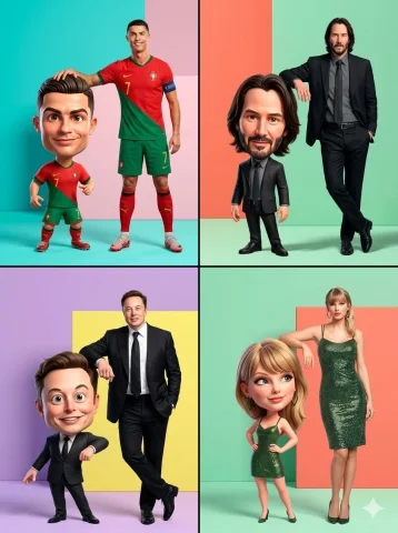 A Playful Encounter: Real Meets Caricature — Nano Banana 2 AI Prompt: Create a high-resolution, ultra-realistic studio composition in a 4:5 vertical a...