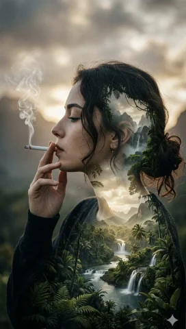 Nature's Reflection in Urban Solitude — Nano Banana 2 AI Prompt: A cinematic, double-exposure portrait of a young woman in profile, smoking a cig...