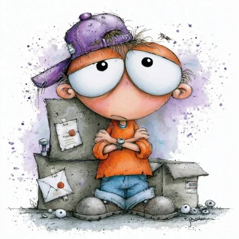 Tired Warehouse Clerk — Nano Banana 2 AI Prompt: Tired warehouse clerk wearing a base ball cap Art Style Whimsical watercolor cha...