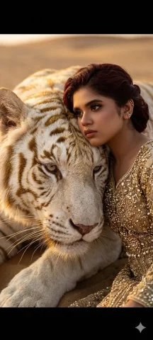 Elegance and Power in the Golden Sands — Nano Banana 2 AI Prompt: A luxurious conceptual fashion photoshoot in a sandy desert. A stunning brunette...