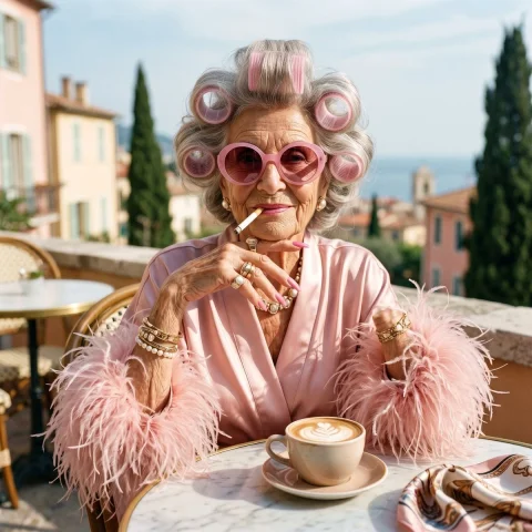 The Eccentric Elegance of Leisure — Nano Banana 2 AI Prompt: Ultra realistic fashion portrait of an eccentric elderly woman sitting confident...