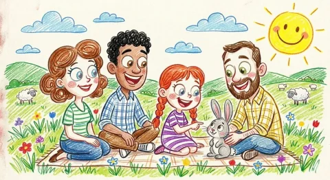 Generations in Bloom: A Family Picnic in the Meadow — Nano Banana 2 AI Prompt: A heartwarming family-themed illustration set in a vibrant outdoor meadow, rende...